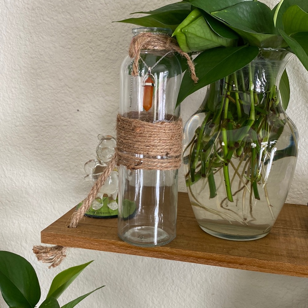 A glass vase with a crystal necklace along with plant trimmings